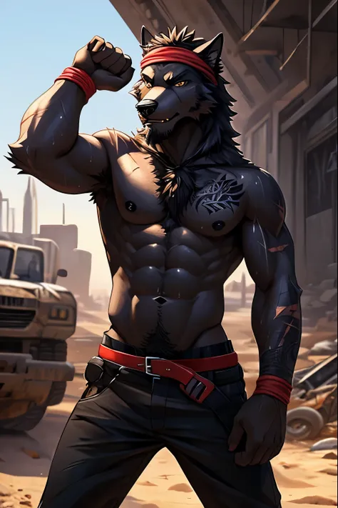 Masterpieces, furry, male, Anthropomorphic, black wolf, veiny, thin body, slender body type,  twink, Delicate eyes, goatee, grizzled fur, glistening body, terrorist, DILF, depth of field, perfect lighting, (best quality),(masterpiece),(ultra detailed), sha...