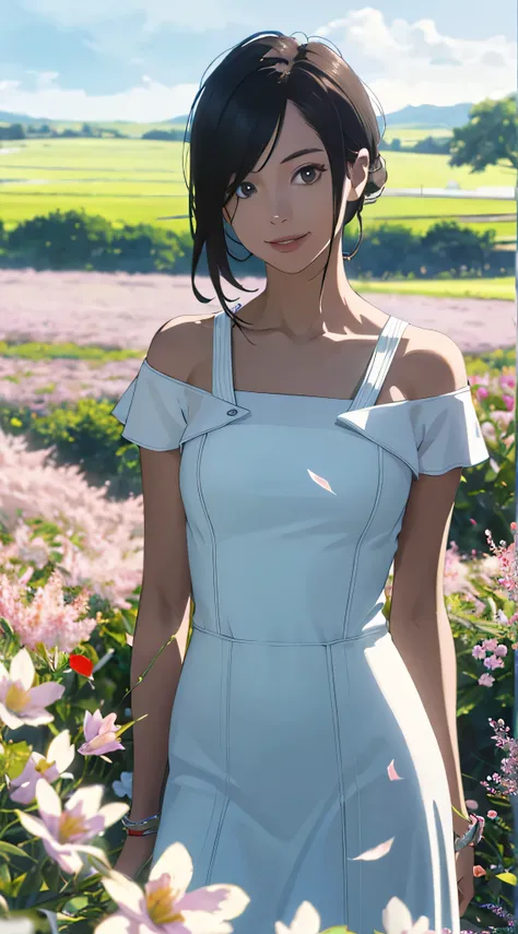 Best quality, masterpiece, ultra high resolution (photorealistic: 1.4), raw photo, 1 girl, white dress, bare shoulders, field of pink flowers in bloom, glowing skin, slight smile