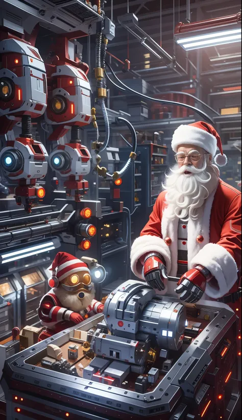 robot santa, futuristic mechanical design，combining elements of traditional santa claus with advanced technology. the robot may ...