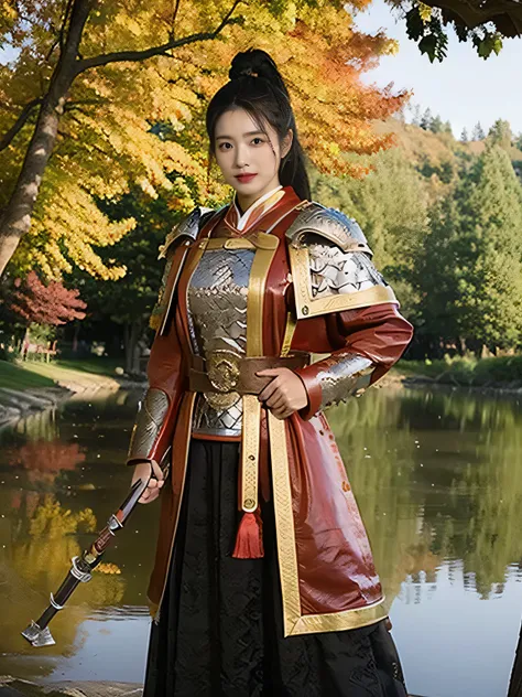masterpiece，Best quality，HD quality，face close-up，A high resolution，8K，Ancient battlefield background, ((field：1.8))，(Female generals on the battlefield in the Han Dynasty)，18-year-old girl，（long ponytail hairstyle)，cparted lips，Full and erect breasts，Nobl...
