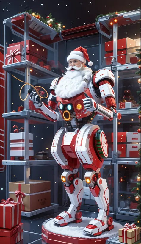 Robot Santa, Futuristic mechanical design,Combining elements of traditional Santa Claus with advanced technology. The robot may have a sleek metal body, Illuminated LED light, and a robotic arm that can efficiently distribute gifts.. It could have a digita...