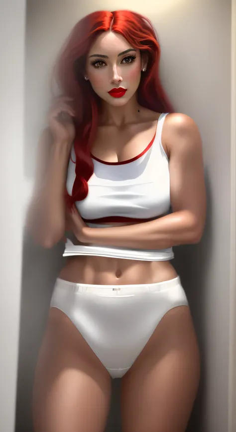 ((((masterpiece, best quality)))), ((33 year old)), (((Curvy))), ((Latina with long red hair)), in ((white tanktop)), ((white high cut panties)), ((Red lipstick)), ((Standing in a messy bathroom)), (((realistic art style)))