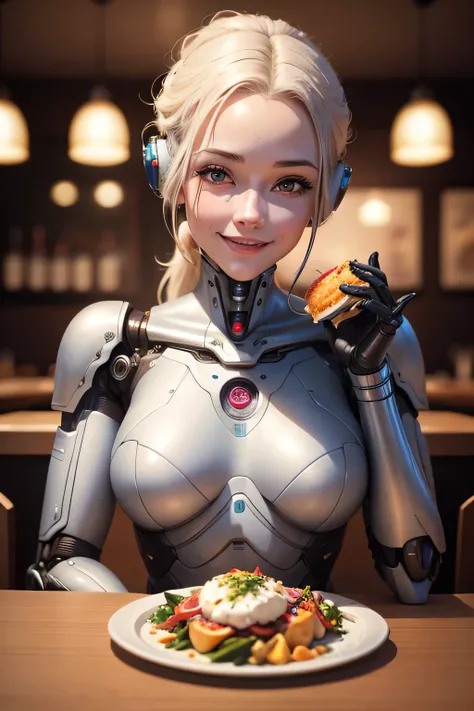 Female robot enjoying a meal at a restaurant　Machine body　mechanical limbs　Smile in front of delicious-looking food, Hmm, retina, masterpiece, Accurate, anatomically correct, rough skin, Super detailed, advanced details, high quality, Awards, 最high quality...