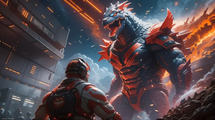 (A realistic depiction of) Ultraman and Godzilla engaged in an epic battle at a spaceship arena,(best quality:1.2),(ultra-detailed, vivid colors),[concept art],(physically-based rendering),(sharp focus). The powerful Ultraman is shown in a dynamic stance, ...