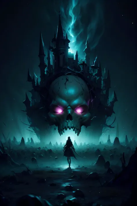 generate a full-body image of a necromancer standing in the center of a dark and foreboding location. the necromancer's eyes mus...