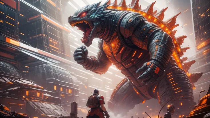 (A realistic depiction of) Ultraman and Godzilla engaged in an epic battle at a spaceship arena,(best quality:1.2),(ultra-detailed, vivid colors),[concept art],(physically-based rendering),(sharp focus). The powerful Ultraman is shown in a dynamic stance, ...