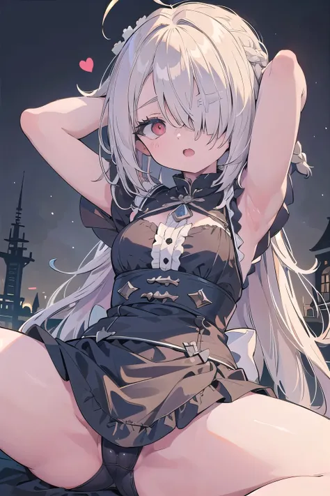 masterpiece, medieval townscape　horizon　Upper body　girl　gothic maid, nsfw,　spread legs　hands behind head　clear　blonde two tone hair, 　((((((hair over one eye)))))), Braid Styles, spiked hair, blunt bangs, bob hair, a braid, Ahoge　red eyes　looking at the vi...