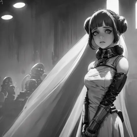 princess leia(age 20) in a white dress, prisoner, bleak torture chamber, scary torture droids, offering to please darth vader se...