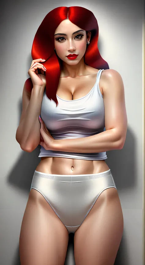 ((((masterpiece, best quality)))), ((33 year old)), (((Curvy))), ((Latina with long red hair)), in ((white tanktop)), ((white high cut panties)), ((Red lipstick)), ((Standing in a messy bathroom)), (((realistic art style)))