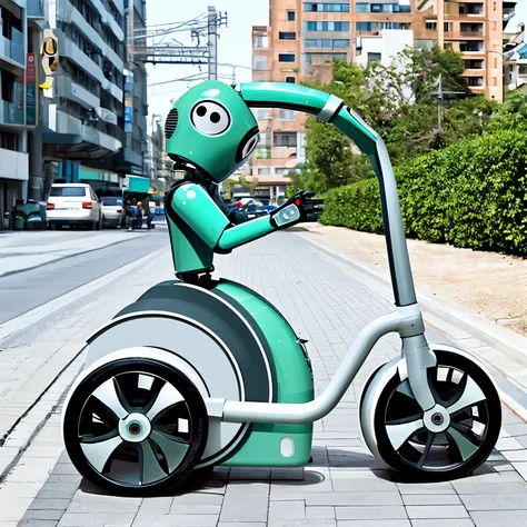 Robot with wheels, child-friendly design, circular road, garbage disposal, screen for face recognition, beautiful and generous shape Sustainable development