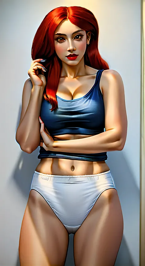 ((((masterpiece, best quality)))), ((33 year old)), (((Curvy))), ((Latina with long red hair)), in ((white tanktop)), ((white high cut panties)), ((Red lipstick)), ((Standing in a messy bathroom)), (((realistic art style)))