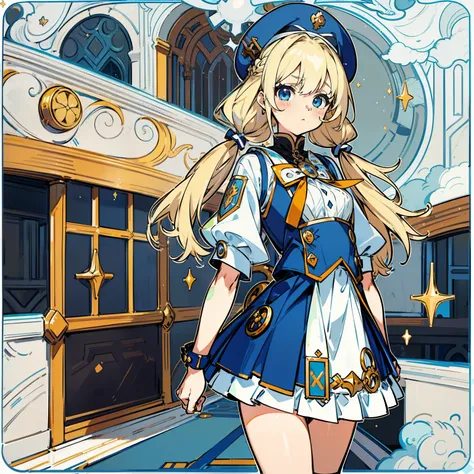 (animesque:1.3), (fantasy background) Extreme refinement, 1girl in、tsundere look、scowl, A pure girl, plain white dress, military style, blue accents, gold hardware, short pleated skirt, mini skirt, mage outfit, Lolita, military Lolita, miniskirt, beret, bl...