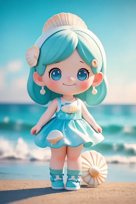 Photoreal、whole body、chibi girl、Clothes with sea scenery printed on them、Seashell Accessories、smile、cute shoes