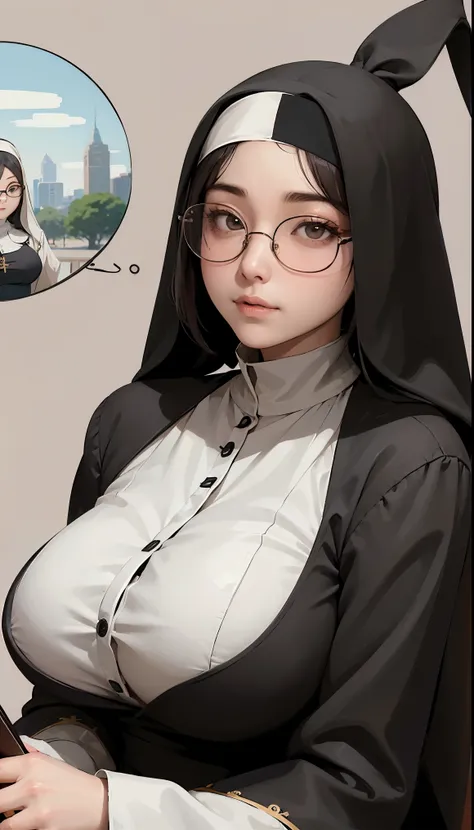 (1 girl:1.3)、solo、__body parts__、official art、unity 8k wallpaper、super detailed、Cosmetology and aesthetics、big breasts beautiful、master piece、best quality、fantastic atmosphere、calm color palette、feeling calm、soft shades、sexy nun、 ((((giant glasses, otaku g...