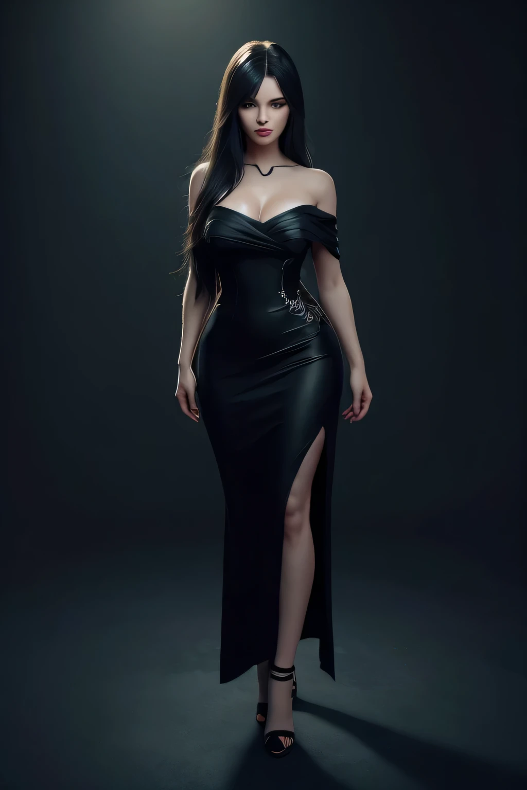 Generate a full-body image of a woman using advanced rendering and modeling techniques in 3DS Max, SketchUp, SolidWorks, AutoCAD, Blender, Vectary, MeshMixer, and Unreal Engine 5.
   Details:
     - The woman has long, dark hair cascading over her bare sho...