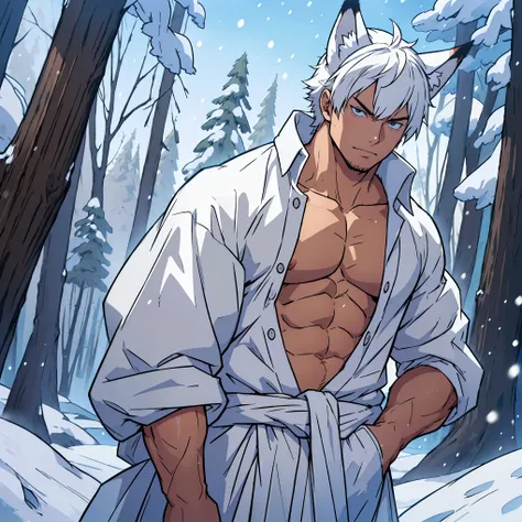 anime guy with white hair and fox ears and collar, (whole body), young guy, hair with modern bangs, masculine but young, no bear...