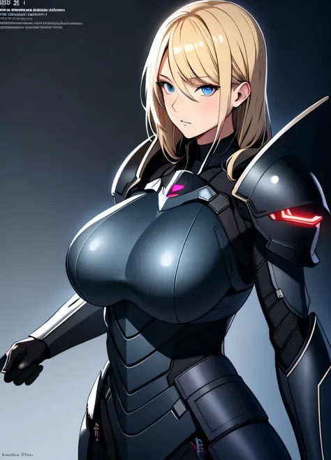 black sci-fi armor, blonde hair,  blue eyes, gigantic breasts, black pistol, solo, standing, ultra-detailed(best quality,highres:1.2), ultra-detailed eyes