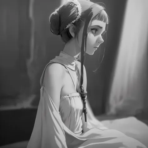 princess leia(age 20) in a white dress, prisoner, bleak torture chamber, scary torture droids, offering to please darth vader se...