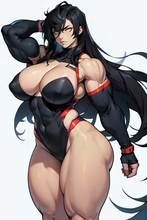 girl breasts huge muscles huge thighs solo girl black hair extremely long hair pale skin expressionless yellow eyes