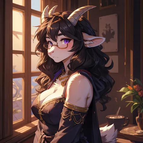 [by teranen], digital art, high quality, masterpiece, ((detailed face)), ((detailed fur:1)), depth of field, 1girl, (white fur), (female), (goat female anthro), anthro, purple eye, (curved horns), brown hair, (goat tail), short muzzle, ((goat)) (thick thig...