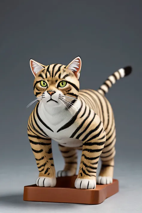 Create an illustration of a crouching tabby cat figure, positioned as if about to pounce. Its body should be sculpted with realistic fur markings and textures, showing the distinctive stripes and patterns of a tabby coat. The cats expression should be inte...