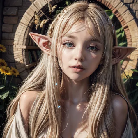 a beautiful divine blonde elf, with straight blonde hair with bangs, with beautiful eyes, silky skin, beautiful lips, wearing an...