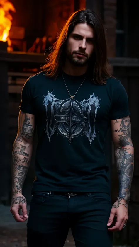 Best Quality,Masterpiece,Ultra High Resolution,(Realisticity:1.4),Original Photo,Cinematic Lighting, 1man, solo, Metalhead Style strong man in front of a christian church on fire at night, tattooed, wearing ripped black pants, black t-shirt, fit body, heav...