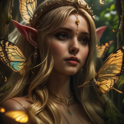 A beautiful divine blonde elf, with straight blonde hair with bangs, with beautiful eyes, silky skin, beautiful lips, wearing an earring, wearing a light elven dress, with a butterfly wing on her shoulders, with a shiny areula like the sun behind her head ...