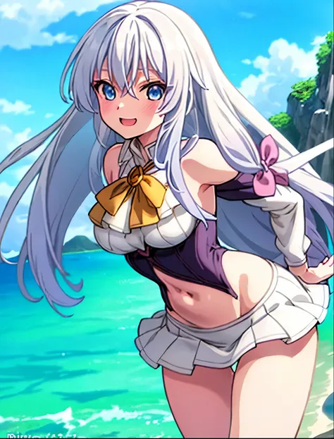 elaina,elaina(long_sleeved_bikini),elaina(skirt), (masterpiece:1.6, best quality), shiny hair, long hair, White hair , blue eyes, detailed eyes, (anime art style), big breast happy, bikini, depth of beach, looking ay The viewer, Back facing the viewer, per...