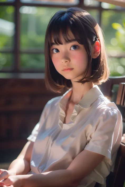 ((sfw: 1.4)), ((sfw, (chair) , (sitting) , blouse, 1 Girl)), Ultra High Resolution, (Realistic: 1.4), RAW Photo, Best Quality, (Photorealistic Stick), Focus, Soft Light, ((15 years old)), ((Japanese)), (( (young face))), (surface), (depth of field), master...