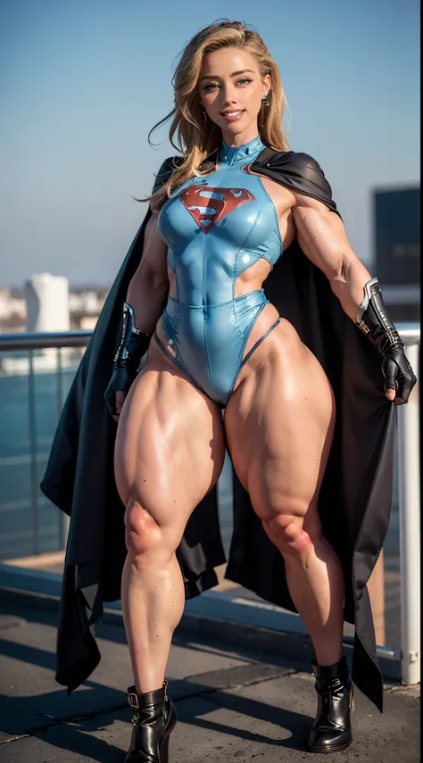 (Muscular:2), (thick muscular thighs, wide hips:2.3), (thick muscular calves:2.3), (AmberHeard:1.5), earrings, eyeshadow, lipstick, (upper body view), (striations), (hard protruding nipples:1.2), (perky breasts:1.4), (superhero romper, long gloves, skirt, ...