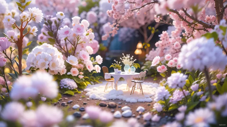 Magic garden miniature scene, delicate white flowers、soft glowing branches、Illuminated by happy smiling miniatures. 8K Autorealist,above the clouds、A lot of white cotton is falling on the ground、Fluffy cotton chair、cotton table、rainbow