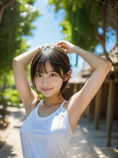 japanese women、15 years old、cute、summer、photograph、raise your arms behind your head、Upper body、In the sun through the trees、bob、white sleeveless