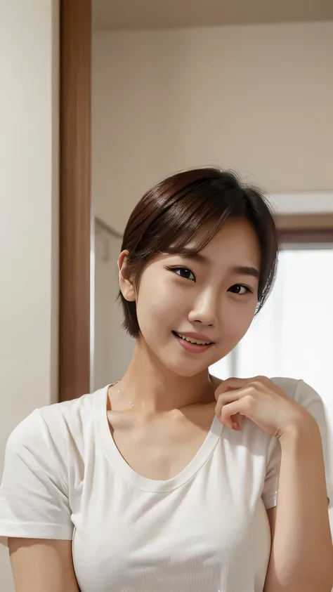 a Korean woman, wearing a white shirt, with short hair, finger pressed to her cheek, smile, close up, photograph