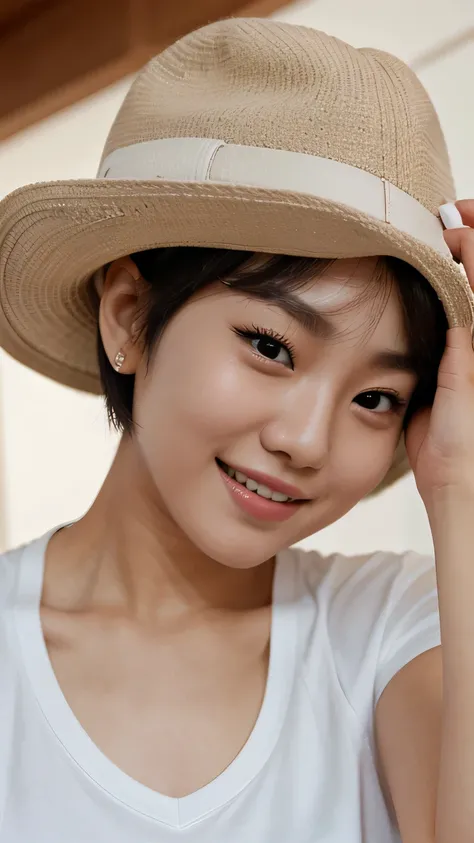 a Korean woman, wearing a white shirt, with short hair, finger pressed to her cheek, smile, close up, photograph