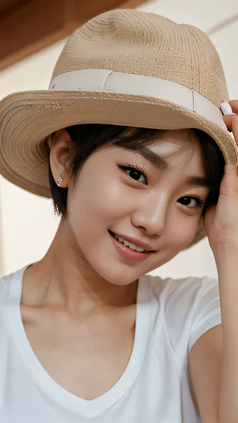 a Korean woman, wearing a white shirt, with short hair, finger pressed to her cheek, smile, close up, photograph