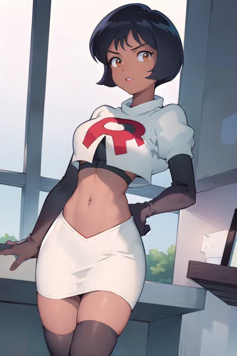 ((masterpiece, best quality)), 1girl,solo, alex, short hair, black hair, brown eyes, dark skin, tan, lipstick, team rocket,team ...