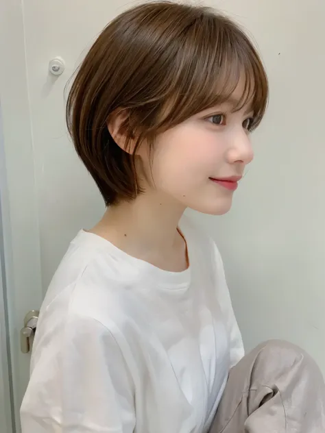 white wall、Taken in front of the white door、(8k、Live shooting、highest quality、masterpiece:1.2)、High-definition RAW color photo、light gray long sleeve shirt、professional photos、(genuine、フォトgenuine:1.37)、Photographed in natural light、1 girl、lazy smile、(vario...