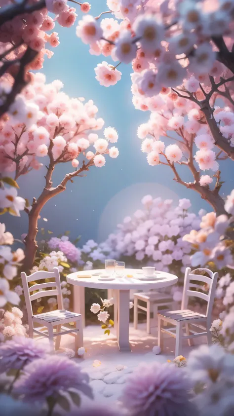 Magic garden miniature scene, delicate white flowers、soft glowing branches、Illuminated by happy smiling miniatures. 8K Autorealist,above the clouds、A lot of white cotton is falling on the ground、Fluffy cotton chair、cotton table、rainbow bridge,heaven