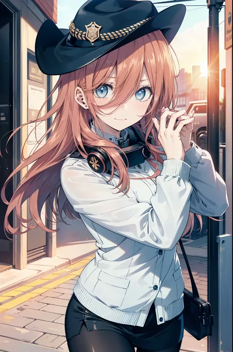 miku nakano, nakano miku ticket iii, long hair, bangs, blue eyes, brown hair, hair between eyes, headphones ,police hat,smile,bl...