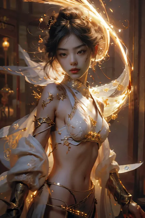 (petite lilymaymac:1.3), Best Quality, Masterpiece, Ultra High Resolution, (Realism: 1.4), Original Photo, 1Girl, Perfect Face, Delicate Facial Features, Perfect Hands, Delicate Eyelashes, Delicate Eyes, Complex Textures, Gorgeous Armor, Chinese Weapon, Fl...