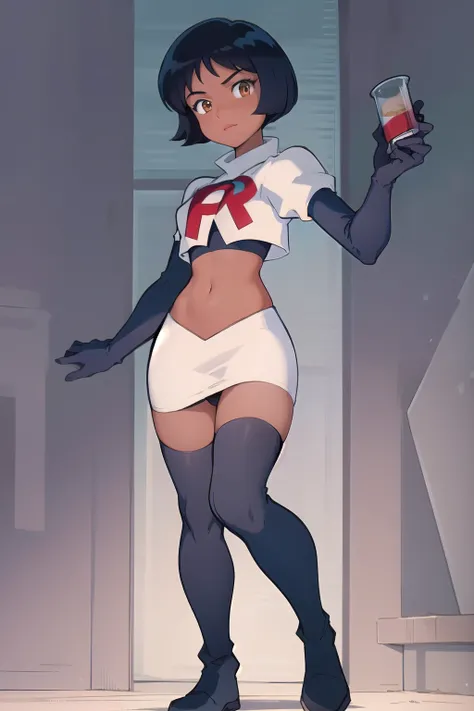 ((masterpiece, best quality)), 1girl,solo, alex, short hair, black hair, brown eyes, dark skin, tan, lipstick, team rocket,team rocket uniform,white skirt,red letter R,crop top,black thigh-highs,black elbow gloves