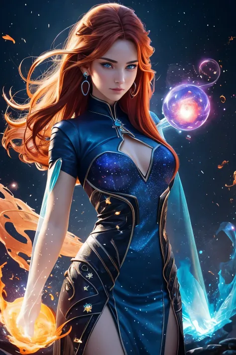 increase clarity, HD, high quality, even out eye color, brown eyes, fix fingers правой руки, photorealism, beautiful sexy girl mage of fire and ice, fire and ice magician, frozen leather dress, ice hair, unimaginable and spectacular scene of the appearance...