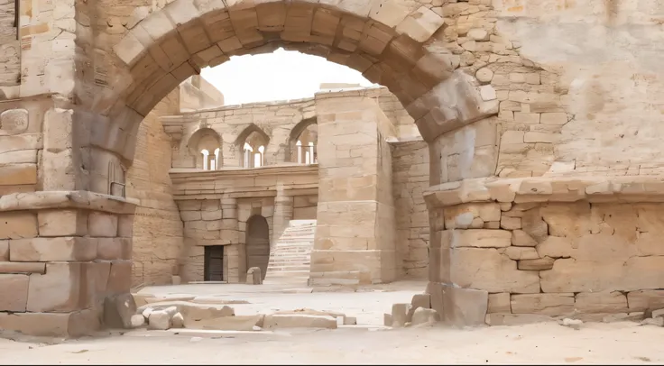 There is a stone archway，background是一座石头建筑, dry arch, there are arch, background, buildings carved from stone, arches and walls, giant arch, ancient persian temple dungeon, with arch, ancient building, ancient building, giant majestic arch, Persian ancient...