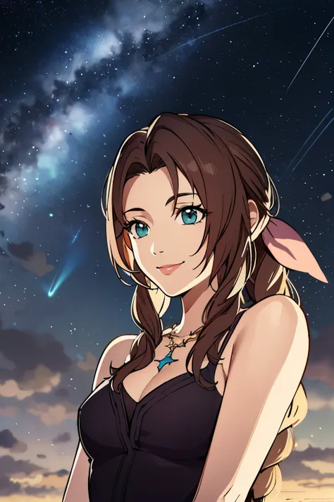 ff10 aerith, looking at the starry sky, from below, high resolution, upper body, smiling, shy,