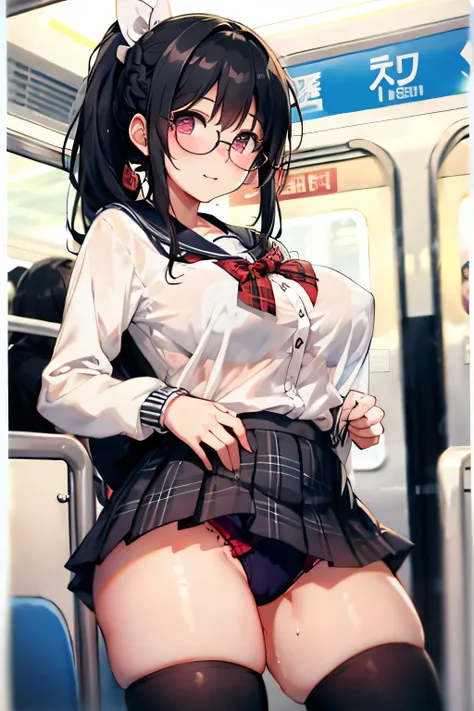 highest quality、High resolution、detailed background、Black square glasses、cute10代の美少女、(huge breasts:1.1)、perfect body line、Well-defined model body、braided ponytail、black floral embroidery panties、No bra、My clothes are wet and transparent、I can see the nippl...