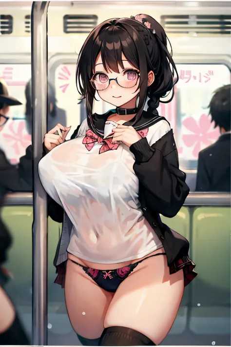 highest quality、High resolution、detailed background、Black square glasses、cute10代の美少女、(huge breasts:1.1)、perfect body line、Well-defined model body、braided ponytail、black floral embroidery panties、No bra、My clothes are wet and transparent、I can see the nippl...