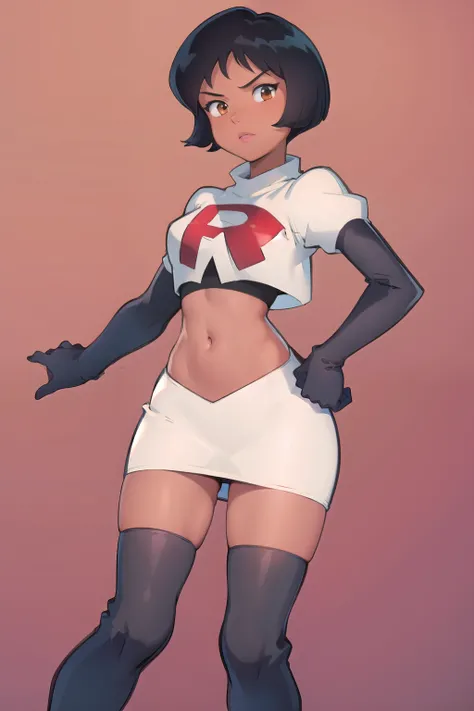 ((masterpiece, best quality)), 1girl,solo, alex, short hair, black hair, brown eyes, dark skin, tan, lipstick, team rocket,team rocket uniform,white skirt,red letter R,crop top,black thigh-highs,black elbow gloves