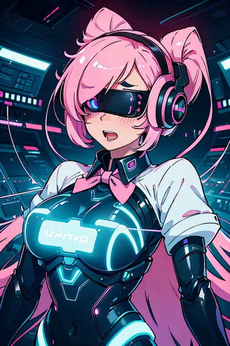 Anime cyborg girl sitting in a pilot seat wearing a virtual reality headset covering her eyes on her face with machinery and tubes and wires going inside her head and brain, (Best quality,highres:1.2), ultra-detailed, (realistic:1.3), cyberpunk, futuristic...