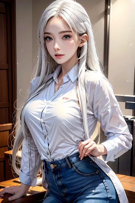 realistic, High resolution, soft light, 1 female, alone, hip up, blue eyes, white long hair, uniform, Jacket, shirt, skirt